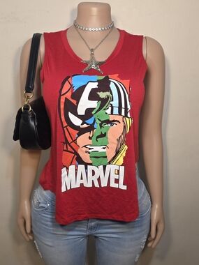 ☆Marvel Red Graphic Sleeveless Tank with Multicolor Superhero Print☆